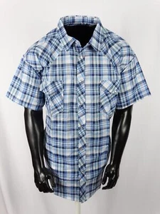 Men Plaid Western Pockets Short Sleeve Shirt Lt Bue White Snap Up 3X, 4X, 5X - Picture 1 of 3