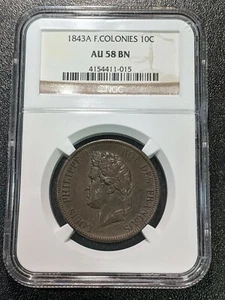 1843 A AU58 BN French Colonies 10 Centimes NGC KM 13 Marquesas Islands Polynesia - Picture 1 of 3