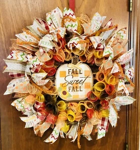 🧡FALL SWEET FALL🧡 HANDMADE CURLY DECO MESH WREATH! AUTUMN 🍂 🧡 - Picture 1 of 11