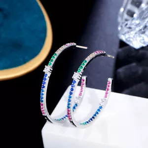 Pendientes de aro redondos enchapados en plata circonita cúbica multicolor finos grandes joyería de moda - Imagen 1 de 13