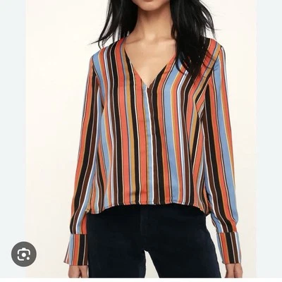 Топ ASTR The Label Doreen оранжевый многополосный атласный на пуговицах с длинным рукавом размер XS - Изображение 1 из 4