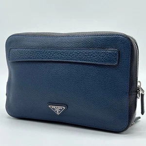 PRADA Clutch Bag Grained Leather Blue Black from Japan in Good Condition - Picture 1 of 10