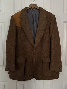 Willis & Geiger Harris Tweed Hunting Jacket 46 Brown Herringbone Suede Patches - Picture 1 of 13