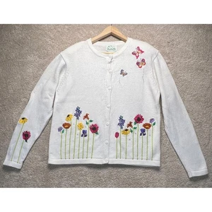 VTG The Quacker Factory Cardigan Sweater RETRO Embroidered Flowers L Butterfly - Picture 1 of 9