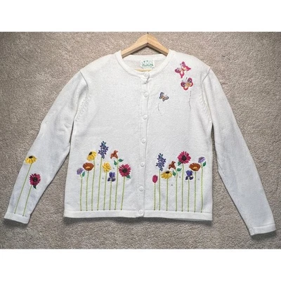 VTG The Quacker Factory Cardigan Sweater RETRO Embroidered Flowers L Butterfly - Image 1 of 4