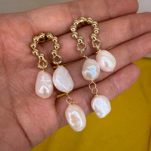 Natural Freshwater Pearl Earrings 14K Gold Plated Drop Bridal Women Jewelry NEW - Picture 1 of 8