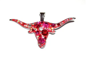 PENDANT/NECKLACE Western Steer Cattle Bull AB Iridescent RHINESTONE LONG HORNS - Picture 1 of 1