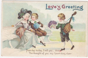 VINTAGE VALENTINE VICTORIAN LADY BOYS FLOWERS POSTCARD  - Picture 1 of 1