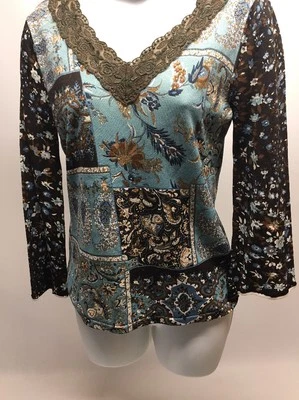 Joseph A Borde de Encaje Cuello en V Elástico Top Floral Figura Favorecedora Azul Marrón PEQUEÑO Foto 1 de 3