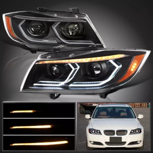 Fits 2006-2011 BMW E90 E91 3-Series Sedan Black Projector Headlights LED Tube - Picture 1 of 12