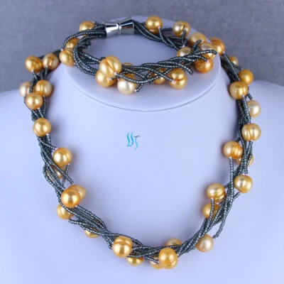 18 英寸 / 8 英寸 10-12 毫米橙色淡水珍珠 6Row 灰色珠项链手链套装 — 第 1/4 张图片