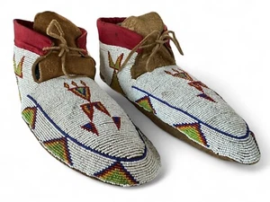 Vintage Native American Indian Cree Multicolor Beaded Hide Moccasins - Picture 1 of 11