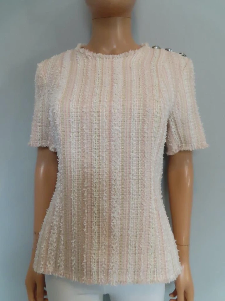 BALMAIN Pink Tweed Short Sleeve Top Size F 42/US 10 - Image 1 of 4