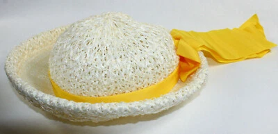 Sombrero Cinta Amarilla Vintage Hecho en Unión Todo Blanco Tejido Nylon Cuerda Tejido Foto 1 de 4