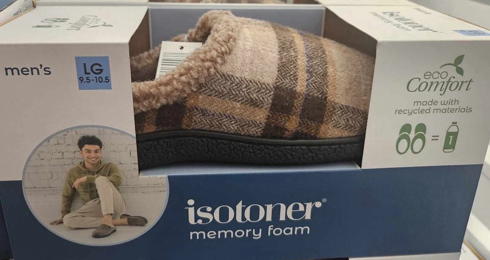 Isotoner Men's Memory Foam Cushioned Eco Comfort Slippers L Large Plaid — 第 1/1 张图片
