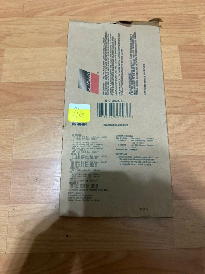 Kit de vedação de virabrequim traseiro de borracha Fel-Pro BS 40464 para Chevy Camaro 1985-1995 - Imagem 1 de 1