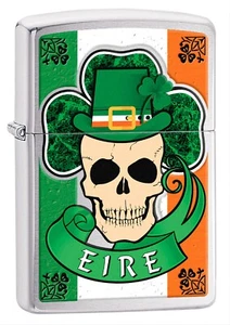 Zippo Lighter Clover Ireland Skull Brushed Chrome - Picture 1 of 6