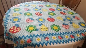 Vintage Tischdecke - 52x68 - sehr bunt - blau rot gelb - Blumen Obst - Bild 1 von 5