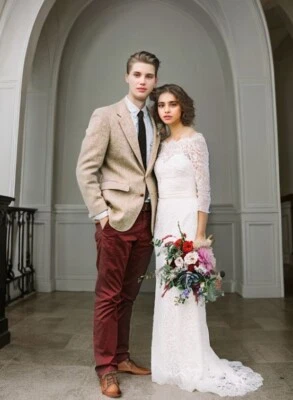 Modest Sheath Beach Wedding Dress Lace Hollow Back Bridal Gowns with 3/4 Sleeves - Image 1 of 4