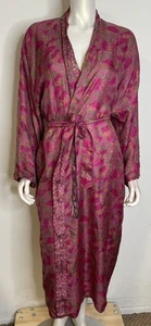 Silk Route Pink Floral Silk Belted Reversible Long Robe OS S M L Long Sleeves - Picture 1 of 23