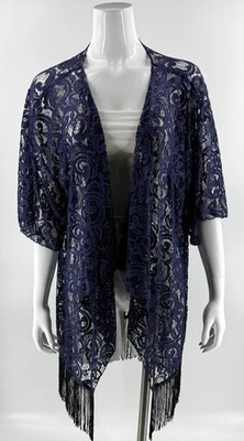 Top plumero kimono de encaje Lularoe talla grande azul marino negro borla dobladillo cubierta Foto 1 de 4