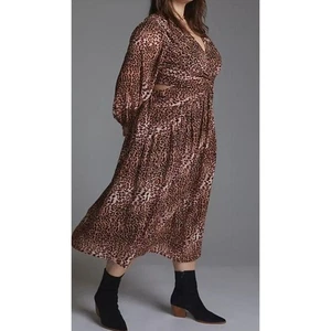 Neu mit Etikett Ranna Gill Anthropologie Leapord ausgeschnittenes Kleid UVP 190 $ gefüttert Langarm L - Bild 1 von 12