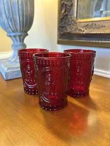 Pottery Barn Santa Embossed Double Old Fashion Glasses (3) Red NWOT OB READ - Picture 1 of 8
