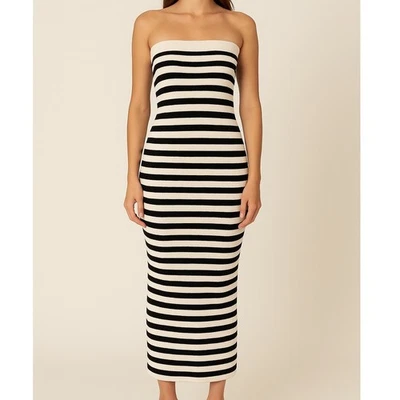Freshman 1996 Black White Striped Ribbed Knit Tube Maxi Dress Women's Medium - Image 1 of 4