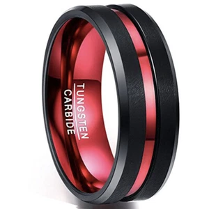 Ebay Wedding Rings For Men or Women. 8mm Black Tungsten Band w/ Red Groove Line - Picture 1 of 6