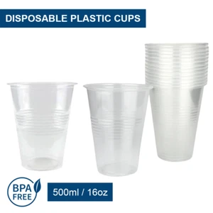 60 X CLEAR DISPOSABLE PLASTIC DRINKING CUPS REUSABLE 500M PARTY RESTAURANT FW - Picture 1 of 2