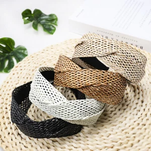 Women Wide Straw Weave Cross Knotted Twist Hairband Headband Hair Hoop Headwrapɞ - Picture 1 of 15
