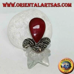 Anello in Argento 925‰ con corniola a goccia e fascia tempestata di marcasite - Foto 1 di 4