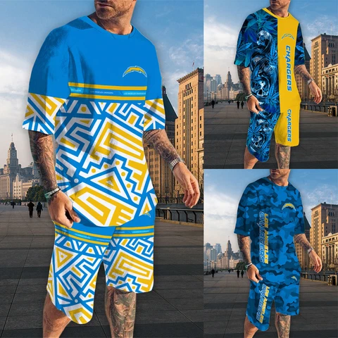 Los Angeles Chargers Men's Loose T-shirts Jogging Board Shorts 2PCS Tracksuits Cover