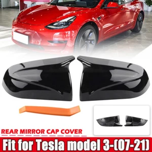 FOR 2017-2021 TESLA MODEL 3 M HORN STYLE GLOSS BLACK SIDE MIRROR COVERS CAP 2X - Picture 1 of 8