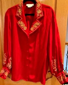 Camicetta vintage DVF seta rossa oro rosa ricamata manica a sbuffo L - Foto 1 di 6
