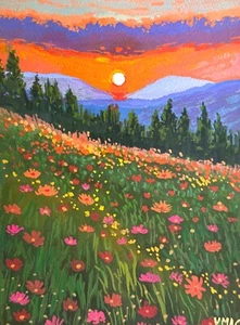 Original Landscape Painting Signed Floral Sunset Flowers Impressionism Wall Art - Picture 1 of 3