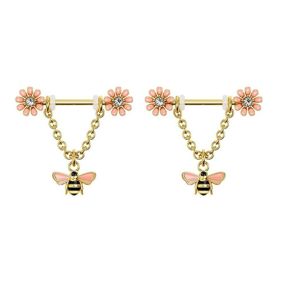 Par de mamilo flor hibisco abelha amarela calibre 14 9/16 polegadas barra F210 - Imagem 1 de 1