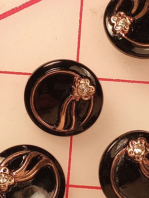 12 Czech Glass SMALL Shank Button Jet Black Gold Flowing Flower Rhinestone #1076 - Image 1 of 4