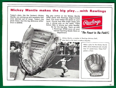 1958'-59'-67'  baseball glove ad LOT  0f 4 MICKEY MANTLE  AARON & MAYS  FOX  KLU Cover
