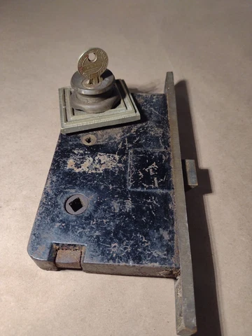 RARE 1890's CLINTON ENTRY MORTISE LOCK w/CYLINDER & KEY 7" FACE NICE (12441) Cover