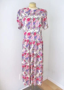 Vtg 80s Pink Purple Floral Silky Rayon Cottagecore Drop Waist Midi Tea Dress 14 - Picture 1 of 7