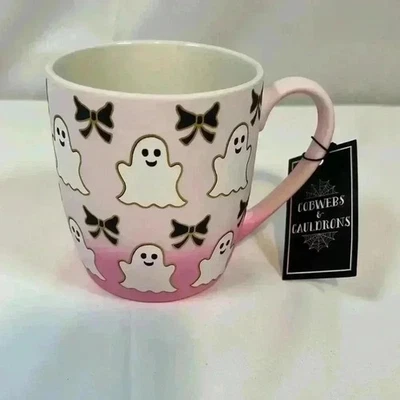 Telarañas Calderos Rosa Ombre Halloween Taza de Café Arcos Fantasma Vidrio Acento Dorado Foto 1 de 4
