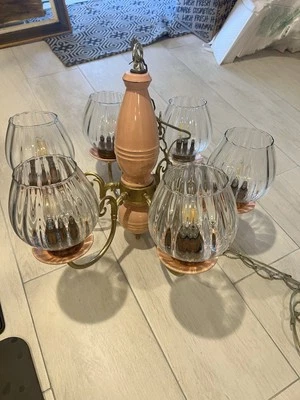 VTG Mid-century Modern 6 Arm Ribbed Glass Retro Pink Ceramic Globe Chandelier - Image 1 of 4