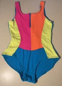 Vintage 80s Girls Sz 16 Nylon Swimsuit Sears Max Active Neon Colors Block Style - Picture 1 of 16