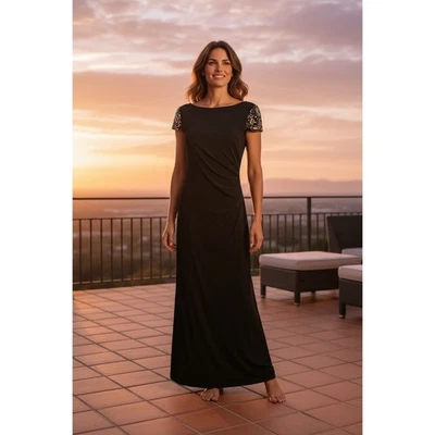 Eliza J Black Maxi Dress Beaded Embellished Sleeves Formal Evening Gown size 8 - Image 1 of 4