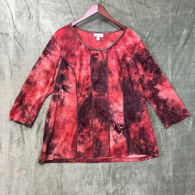Dressbarn Womens Velvet Top Size 1X Red Roses Tie Dye Fairy Whimsical Vampire - Image 1 of 4
