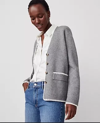 Ann Taylor Blanket Stitch Knit Sweater Blazer Jacket Cardigan XL Gray Excellent - Image 1 of 4