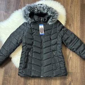 Nautica Neu mit Etikett Damen Large schwarz durchgehender Reißverschluss Midi Länge Fell Kapuze gefütterte Jacke - Bild 1 von 14