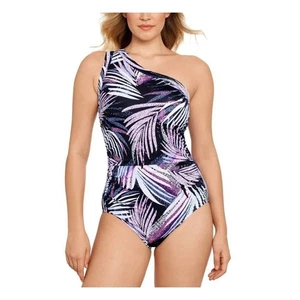 Women's Swim Solutions Black Printed Tummy Control One Shoulder Swimsuit 8 - Picture 1 of 7