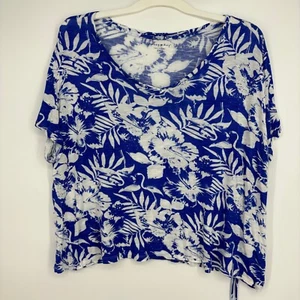 Casey Key Mujer 2X Camiseta Tejida Slub Azul Blanco Floral Estampado de Pájaros Mangas Cortas - Imagen 1 de 9